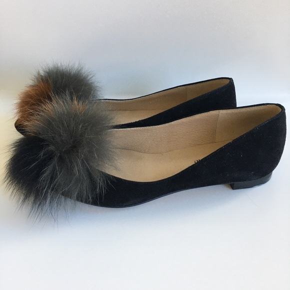 Shoes - Black flats with fur pom pom clip on